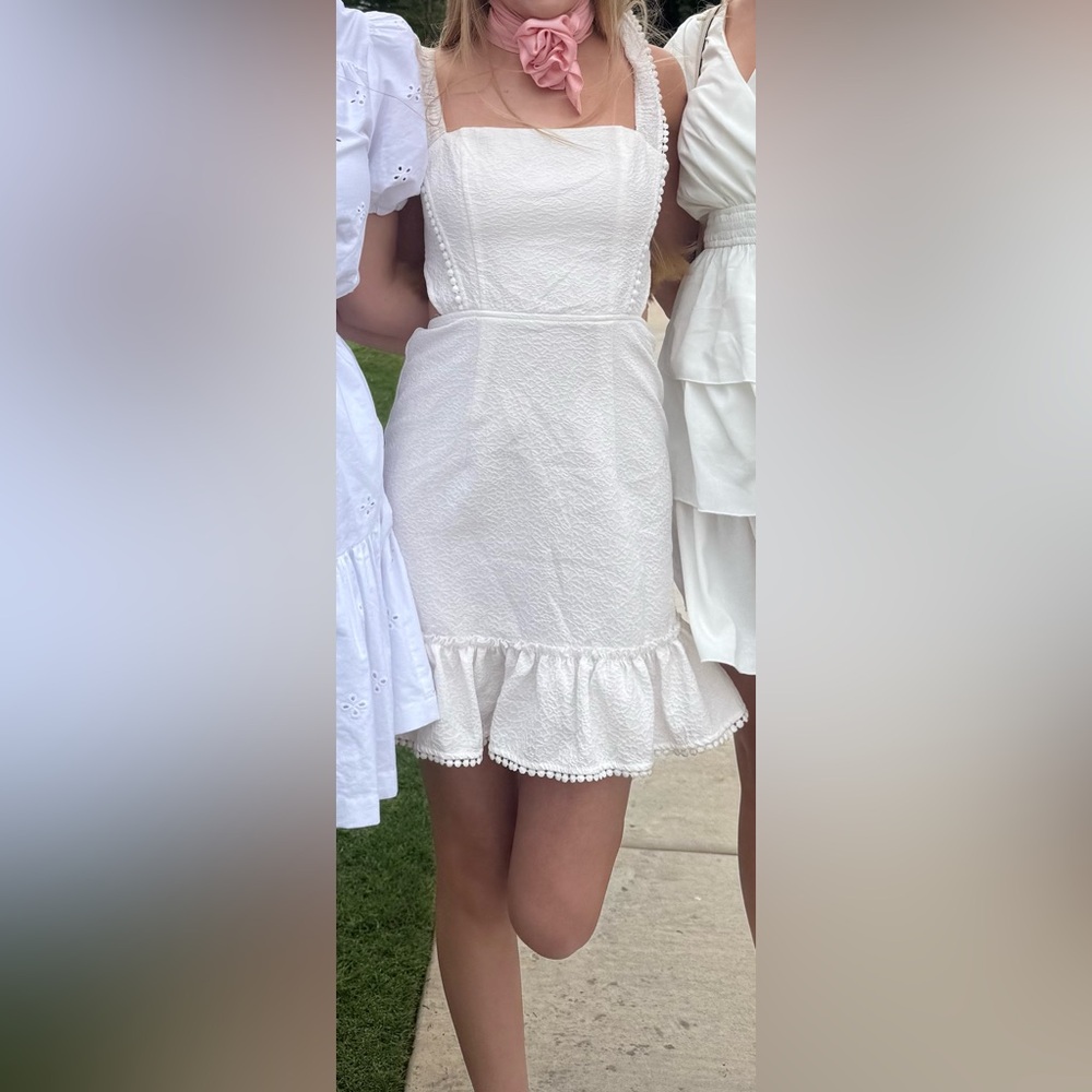 White Ruffled dress with Pom-Pom Trim